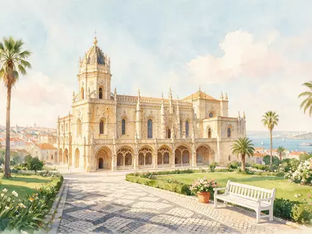 Aquarellillustration des Wahrzeichens Hieronymus-Kloster Lissabon in Lissabon Portugal, weiche Farbverläufe und pastelliges Reiseposter-Feeling - Foto: THN