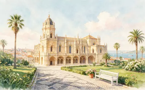 Aquarellillustration des Wahrzeichens Hieronymus-Kloster Lissabon in Lissabon Portugal, weiche Farbverläufe und pastelliges Reiseposter-Feeling - Foto: THN