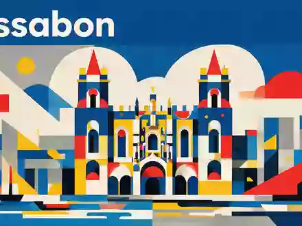 Bauhaus-Poster als geometrische Abstraktion von Hieronymus-Kloster Lissabon in Lissabon Portugal, kraeftige Grundfarben und harte Formkanten - Foto: THN