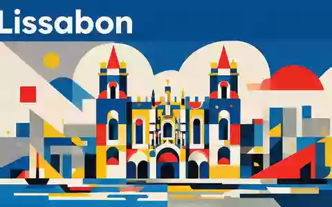 Bauhaus-Poster als geometrische Abstraktion von Hieronymus-Kloster Lissabon in Lissabon Portugal, kraeftige Grundfarben und harte Formkanten - Foto: THN