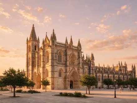 Fotorealistische Panoramaaufnahme von Kloster von Batalha in Batalha Portugal, warmes Abendlicht auf Wahrzeichen - Foto: THN