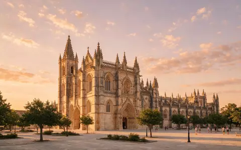 Fotorealistische Panoramaaufnahme von Kloster von Batalha in Batalha Portugal, warmes Abendlicht auf Wahrzeichen - Foto: THN
