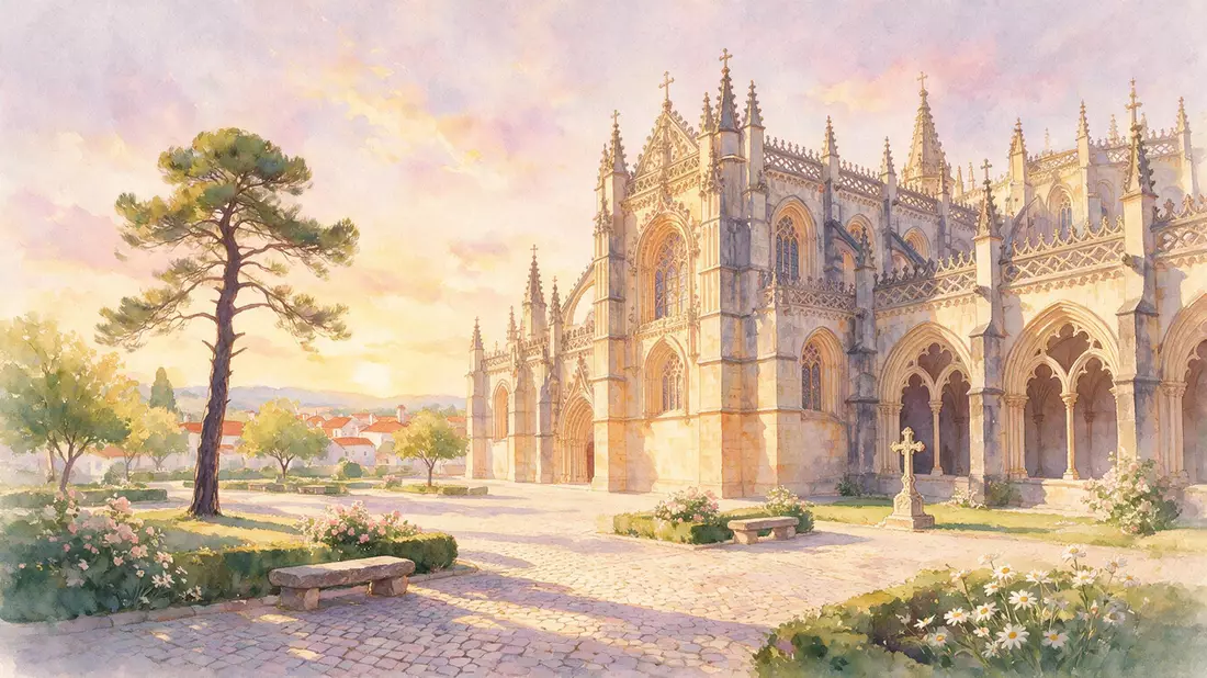 Aquarell-Illustration von Kloster von Batalha in Batalha, Portugal als Reiseposter