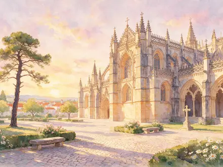 Aquarellillustration des Wahrzeichens Kloster von Batalha in Batalha Portugal, weiche Farbverläufe und pastelliges Reiseposter-Feeling - Foto: THN