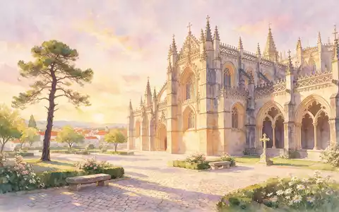 Aquarellillustration des Wahrzeichens Kloster von Batalha in Batalha Portugal, weiche FarbverlÀufe und pastelliges Reiseposter-Feeling - Foto: THN