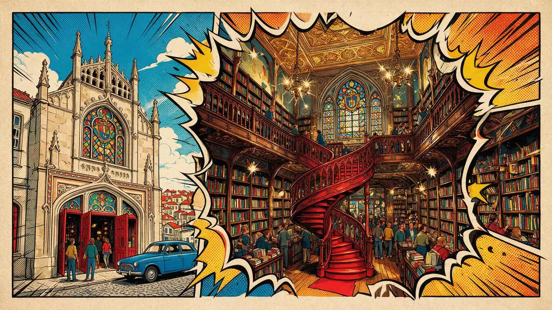 Pop-Art-Comic von Livraria Lello Porto in Porto, Portugal mit Rasterpunkten