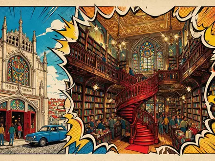 Pop-Art-Comicillustration des Wahrzeichens Livraria Lello Porto in Porto Portugal, kraeftige Konturen Rasterpunkte und satte Farben - Foto: THN