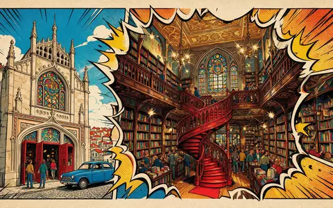 Pop-Art-Comicillustration des Wahrzeichens Livraria Lello Porto in Porto Portugal, kraeftige Konturen Rasterpunkte und satte Farben - Foto: THN