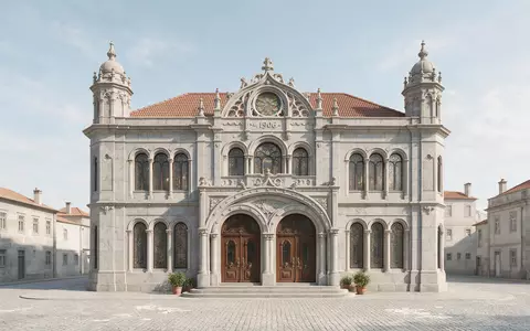 Moderner Architektur-Render zeigt Silhouette von Livraria Lello Porto in Porto Portugal, klare Linien und neutrales - Foto: THN