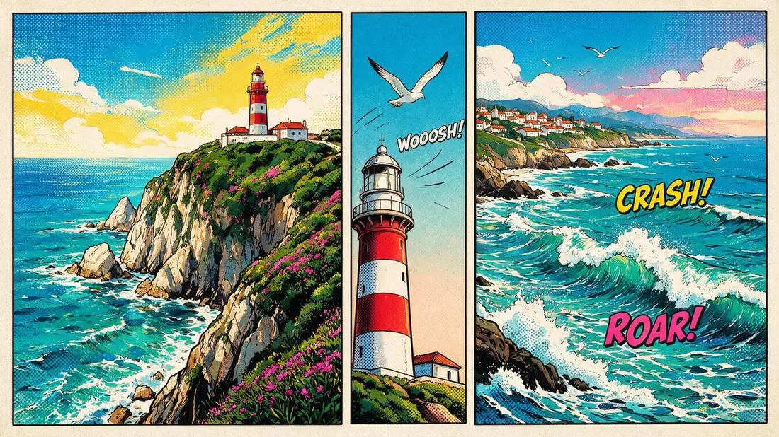 Pop-Art-Comic von Cabo da Roca in Sintra, Portugal mit Rasterpunkten