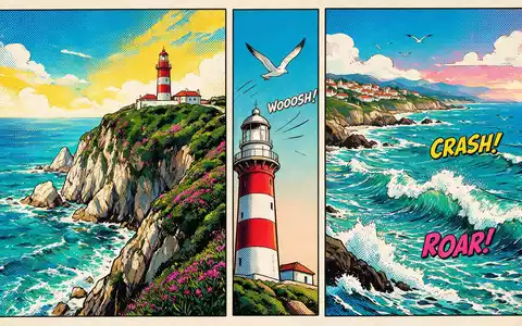 Pop-Art-Comicillustration des Wahrzeichens Cabo da Roca in Sintra Portugal, kraeftige Konturen Rasterpunkte und satte Farben - Foto: THN
