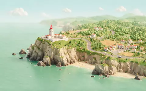Isometrisches Diorama von Cabo da Roca und Umgebung in Sintra Portugal, verspielte Low-Poly-Kulisse in Pastellfarben - Foto: THN
