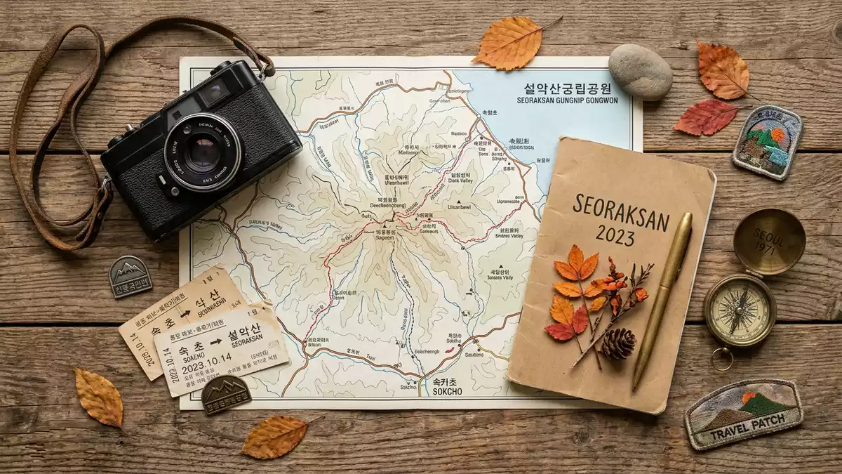 Flatlay-Reise-Arrangement rund um Seoraksan-Nationalpark in Sokcho, Sudkorea