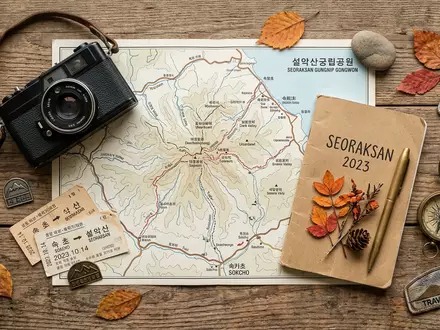 Flatlay-Reise-Arrangement rund um Seoraksan-Nationalpark in Sokcho Sudkorea, Karte Kompass Kamera und generische Reiserequisiten - Foto: THN