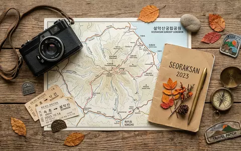 Flatlay-Reise-Arrangement rund um Seoraksan-Nationalpark in Sokcho Sudkorea, Karte Kompass Kamera und generische Reiserequisiten - Foto: THN