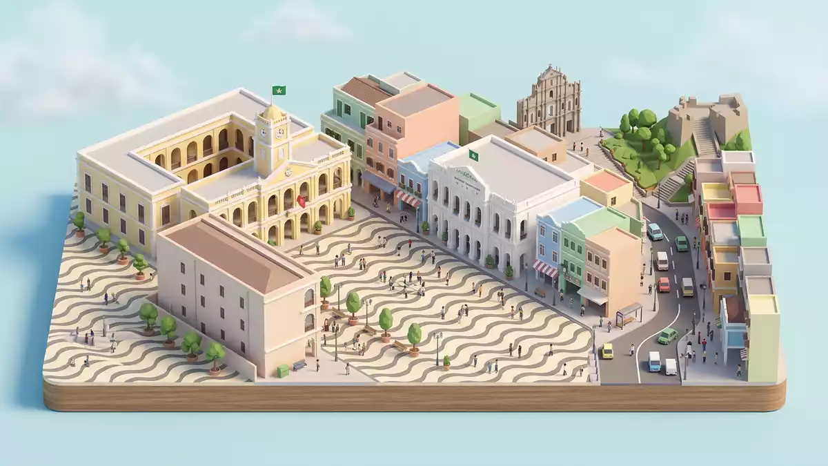 Isometrisches Diorama von Senado Square Macau in Macau, China in Pastell