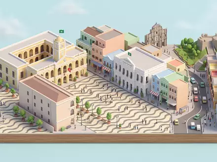 Isometrisches Diorama von Senado Square Macau und Umgebung in Macau China, verspielte Low-Poly-Kulisse in Pastellfarben - Foto: THN