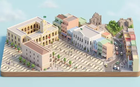 Isometrisches Diorama von Senado Square Macau und Umgebung in Macau China, verspielte Low-Poly-Kulisse in Pastellfarben - Foto: THN