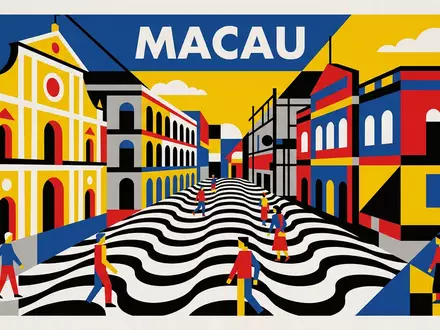 Bauhaus-Poster als geometrische Abstraktion von Senado Square Macau in Macau China, kraeftige Grundfarben und harte - Foto: THN
