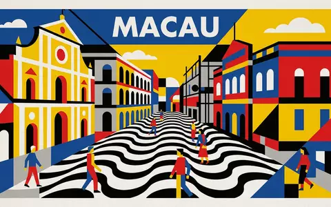Bauhaus-Poster als geometrische Abstraktion von Senado Square Macau in Macau China, kraeftige Grundfarben und harte - Foto: THN