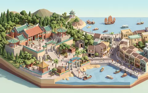 Isometrisches Diorama von A-Ma-Tempel Macau und Umgebung in Macau China, verspielte Low-Poly-Kulisse in Pastellfarben - Foto: THN