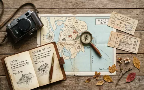 Flatlay-Reise-Arrangement rund um A-Ma-Tempel Macau in Macau China, Karte Kompass Kamera und generische Reiserequisiten - Foto: THN