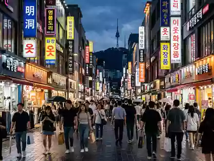 Editorialbild im Reisemagazin-Stil vom Wahrzeichen Myeongdong in Seoul Sudkorea, ausgewogene Bildgestaltung und natuerliches Umgebungslicht - Foto: THN