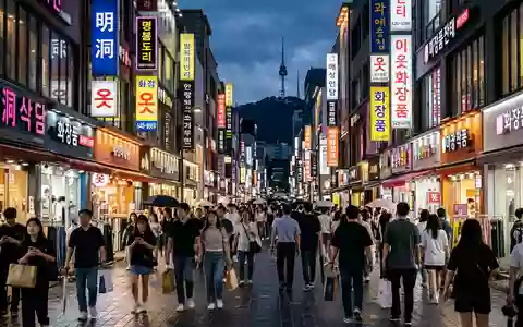 Editorialbild im Reisemagazin-Stil vom Wahrzeichen Myeongdong in Seoul Sudkorea, ausgewogene Bildgestaltung und natuerliches Umgebungslicht - Foto: THN