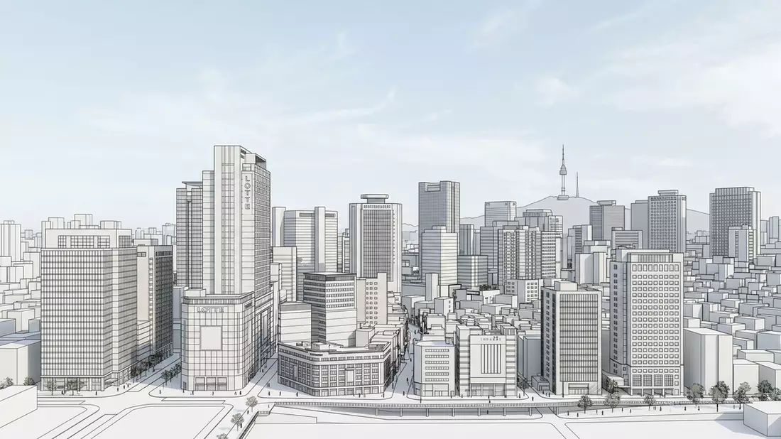 Architektur-Render von Myeongdong in Seoul, Sudkorea bei Tageslicht