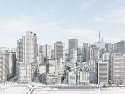 Moderner Architektur-Render zeigt Silhouette von Myeongdong in Seoul Sudkorea, klare Linien und neutrales Tageslicht - Foto: THN