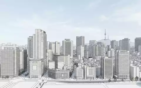 Moderner Architektur-Render zeigt Silhouette von Myeongdong in Seoul Sudkorea, klare Linien und neutrales Tageslicht - Foto: THN