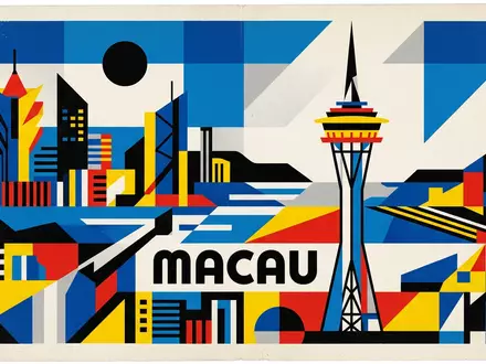 Bauhaus-Poster als geometrische Abstraktion von Macau Tower in Macau China, kraeftige Grundfarben und harte Formkanten - Foto: THN