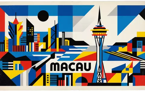 Bauhaus-Poster als geometrische Abstraktion von Macau Tower in Macau China, kraeftige Grundfarben und harte Formkanten - Foto: THN