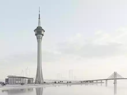 Moderner Architektur-Render zeigt Silhouette von Macau Tower in Macau China, klare Linien und neutrales Tageslicht - Foto: THN
