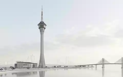Moderner Architektur-Render zeigt Silhouette von Macau Tower in Macau China, klare Linien und neutrales Tageslicht - Foto: THN