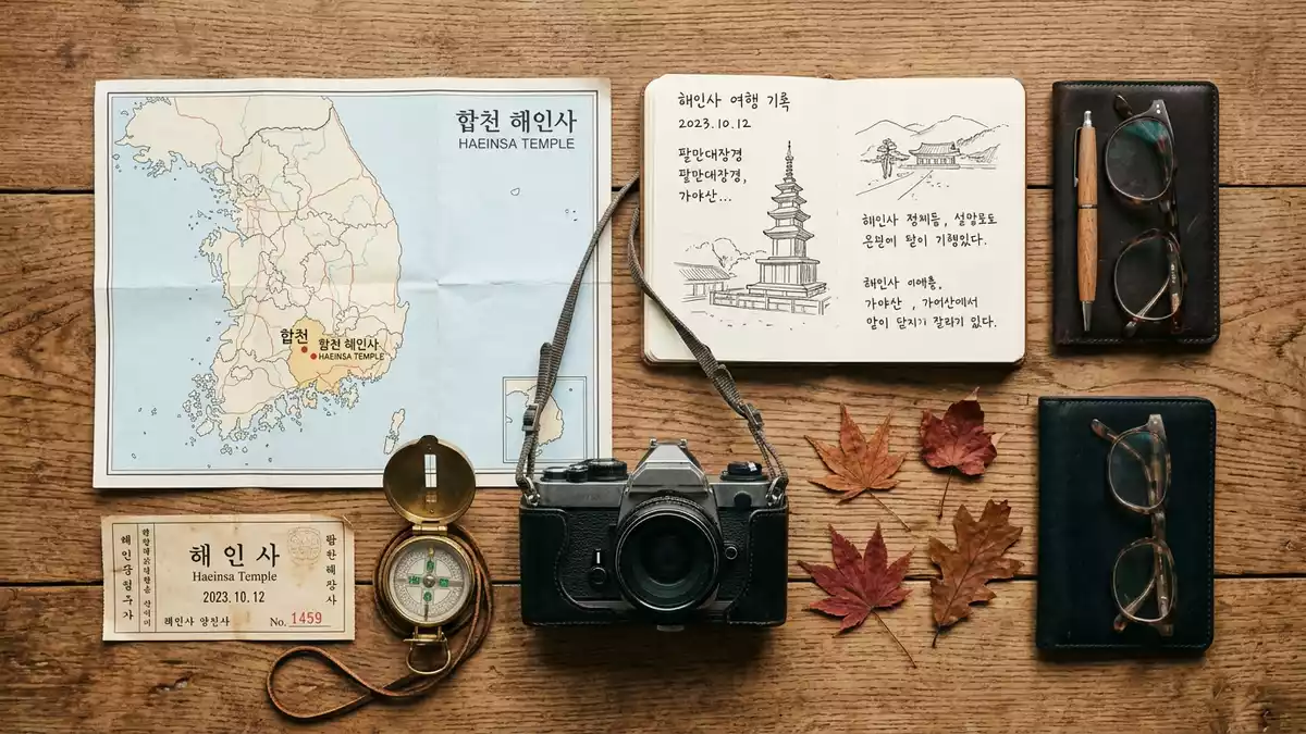 Flatlay-Reise-Arrangement rund um Haeinsa-Tempel in Hapcheon, Sudkorea