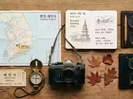 Flatlay-Reise-Arrangement rund um Haeinsa-Tempel in Hapcheon Sudkorea, Karte Kompass Kamera und generische Reiserequisiten - Foto: THN