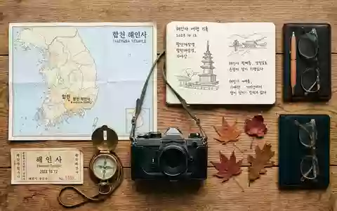 Flatlay-Reise-Arrangement rund um Haeinsa-Tempel in Hapcheon Sudkorea, Karte Kompass Kamera und generische Reiserequisiten - Foto: THN