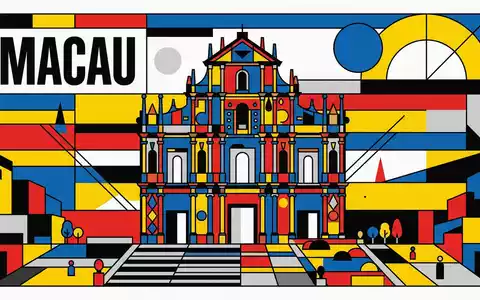 Bauhaus-Poster als geometrische Abstraktion von Ruinen von St. Paul Macau in Macau China, kraeftige Grundfarben - Foto: THN