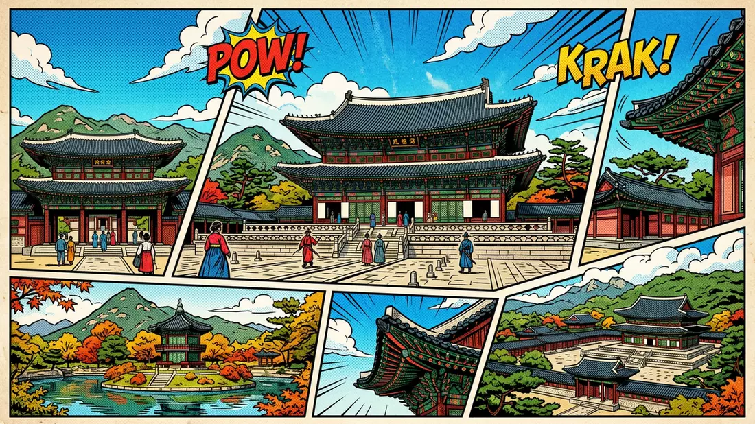 Pop-Art-Comic von Changdeokgung Seoul in Seoul, Sudkorea mit Rasterpunkten