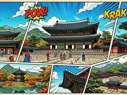 Pop-Art-Comicillustration des Wahrzeichens Changdeokgung Seoul in Seoul Sudkorea, kraeftige Konturen Rasterpunkte und satte Farben - Foto: THN
