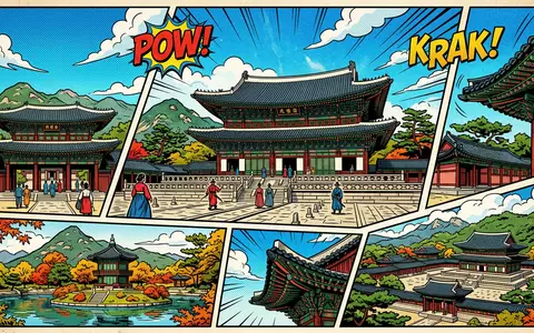 Pop-Art-Comicillustration des Wahrzeichens Changdeokgung Seoul in Seoul Sudkorea, kraeftige Konturen Rasterpunkte und satte Farben - Foto: THN