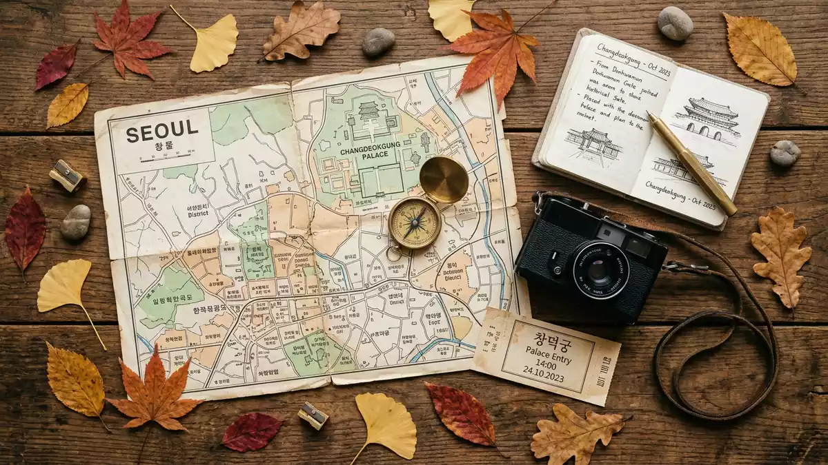 Flatlay-Reise-Arrangement rund um Changdeokgung Seoul in Seoul, Sudkorea