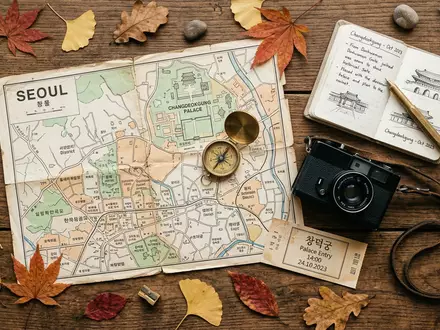 Flatlay-Reise-Arrangement rund um Changdeokgung Seoul in Seoul Sudkorea, Karte Kompass Kamera und generische Reiserequisiten - Foto: THN