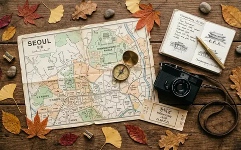 Flatlay-Reise-Arrangement rund um Changdeokgung Seoul in Seoul Sudkorea, Karte Kompass Kamera und generische Reiserequisiten - Foto: THN