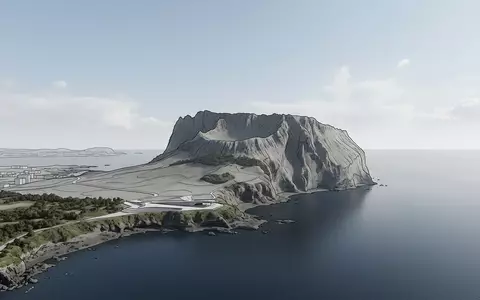 Moderner Architektur-Render zeigt Silhouette von Seongsan Ilchulbong in Jeju Sudkorea, klare Linien und neutrales Tageslicht - Foto: THN