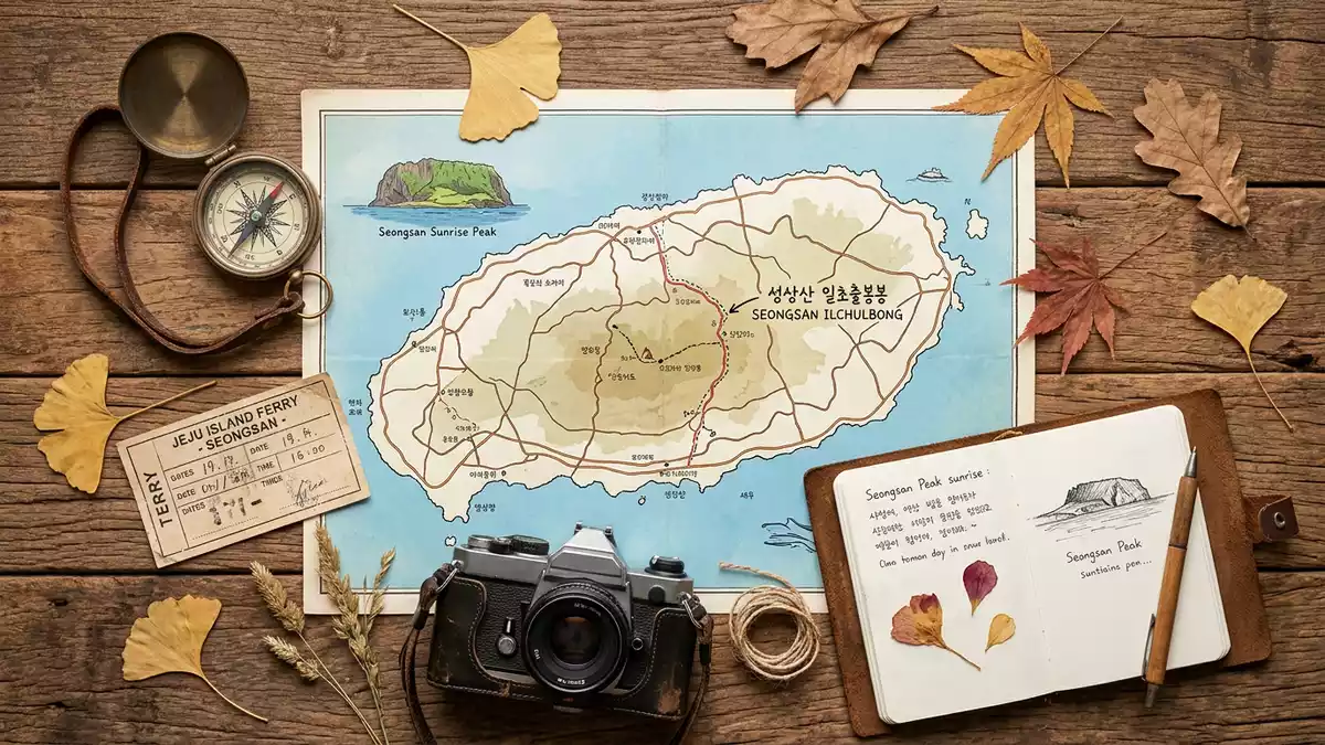 Flatlay-Reise-Arrangement rund um Seongsan Ilchulbong in Jeju, Sudkorea