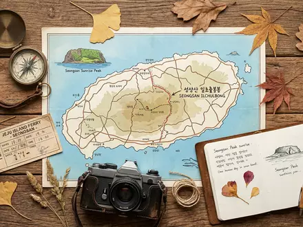 Flatlay-Reise-Arrangement rund um Seongsan Ilchulbong in Jeju Sudkorea, Karte Kompass Kamera und generische Reiserequisiten - Foto: THN
