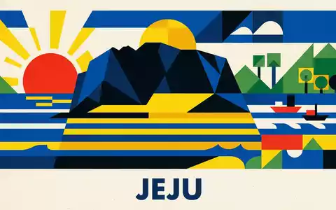 Bauhaus-Poster als geometrische Abstraktion von Seongsan Ilchulbong in Jeju Sudkorea, kraeftige Grundfarben und harte Formkanten - Foto: THN