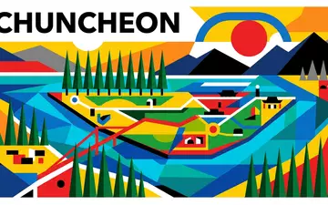 Bauhaus-Poster als geometrische Abstraktion von Nami Island in Chuncheon Sudkorea, kraeftige Grundfarben und harte Formkanten - Foto: THN